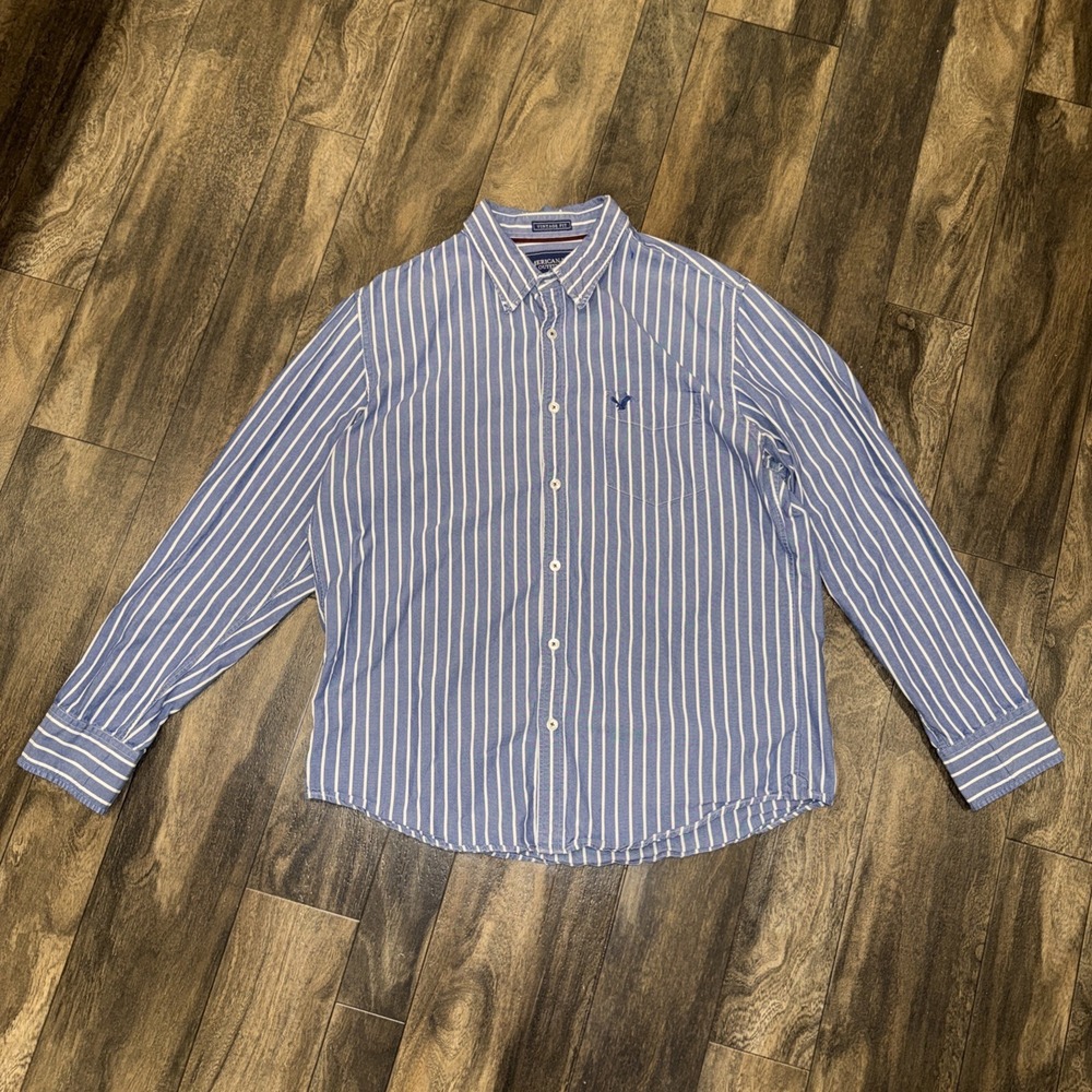American Eagle Vintage Fit Eagle Oxford Vertical Striped Polo Button-Up Men's XL